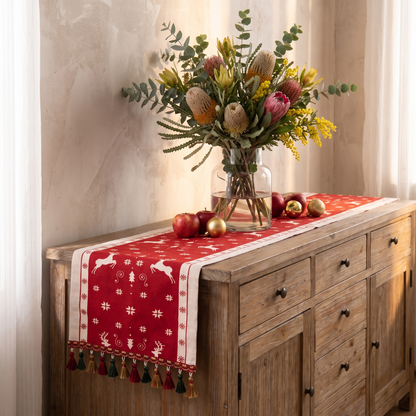 Merry Christmas Tassel Table Runner – styled on a sideboard