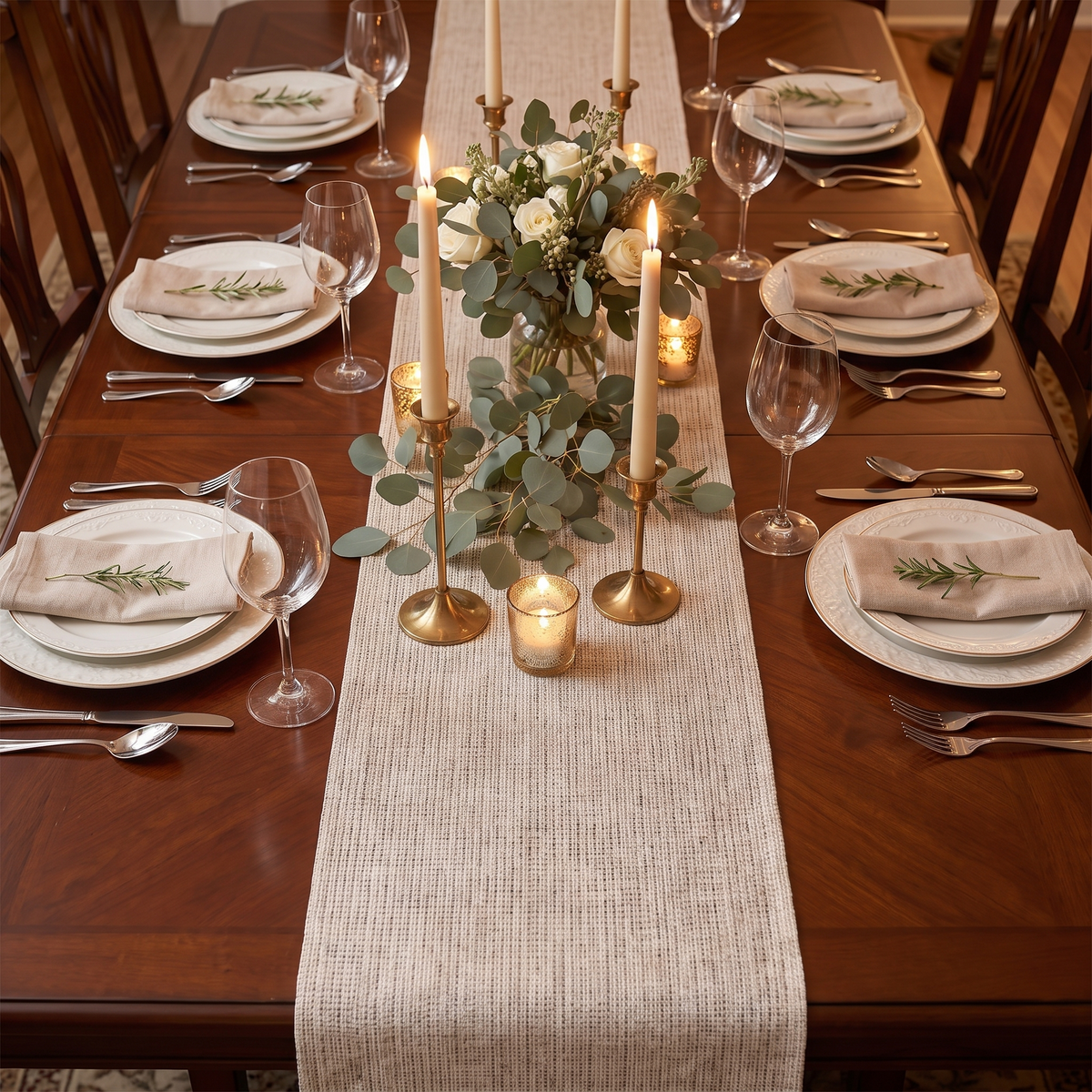 Boho Woven Dining Table Runner – Natural – full table from above