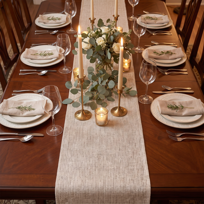 Boho Woven Dining Table Runner – Natural – full table from above