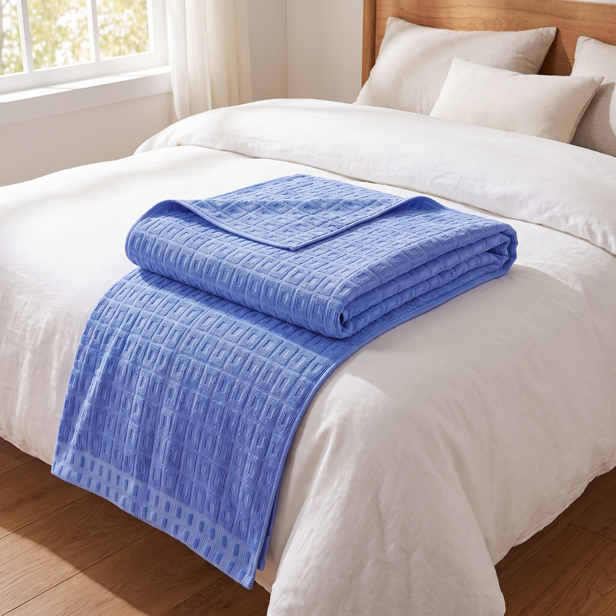 Waffle Cotton Throw Blanket – Summer Bedspread – folded on a bed