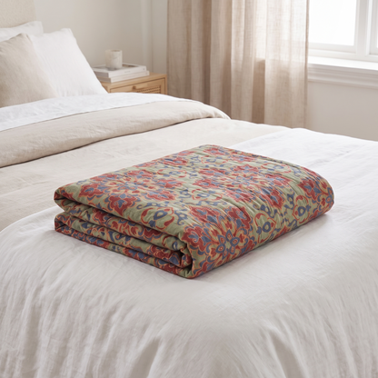 Heritage Floral Cotton Summer Throw Blanket – folded on a bed