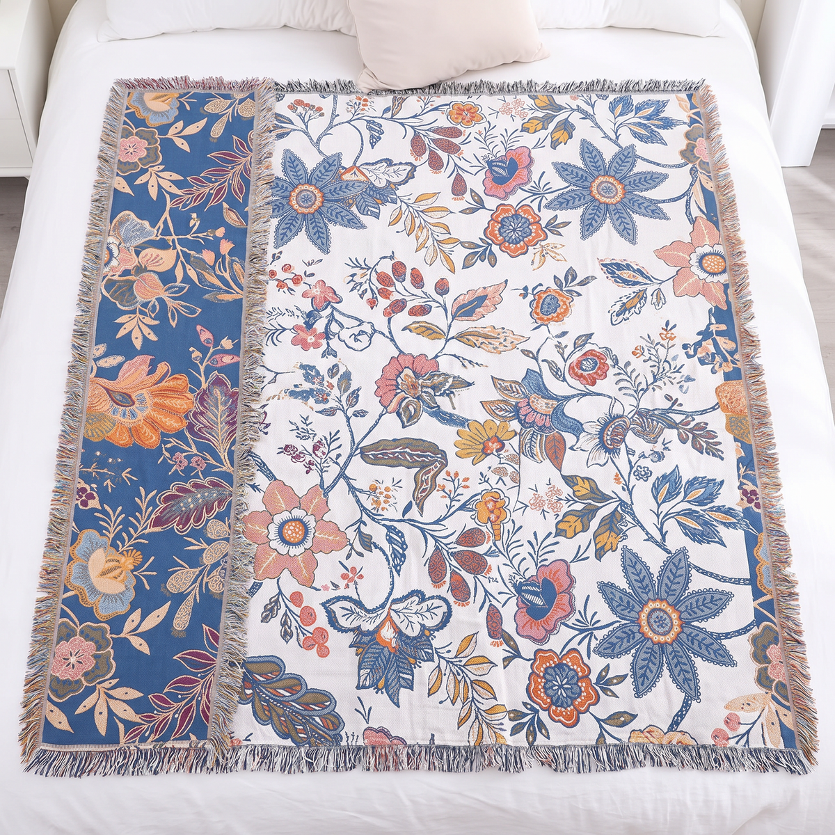 Artistic Floral Cotton Throw Blanket – Rustic – full size laid flat