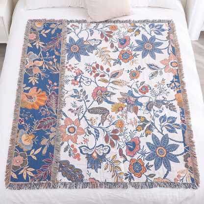 Artistic Floral Cotton Throw Blanket – Rustic – full size laid flat