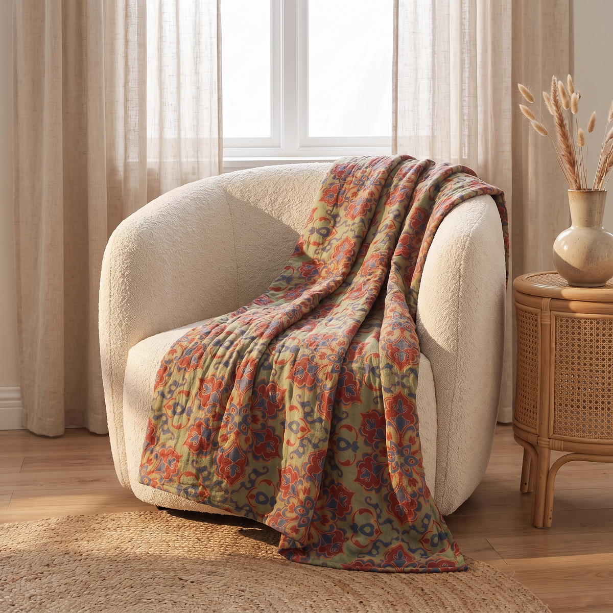 Heritage Floral Cotton Summer Throw Blanket – draped over an armchair