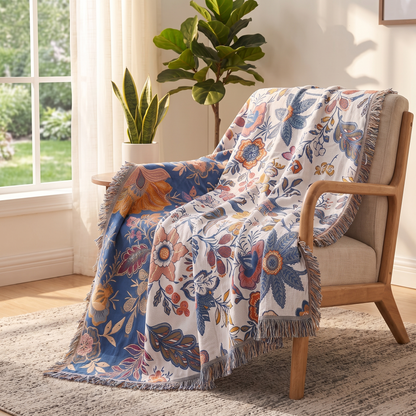 Artistic Floral Cotton Throw Blanket – Rustic – draped over an armchair