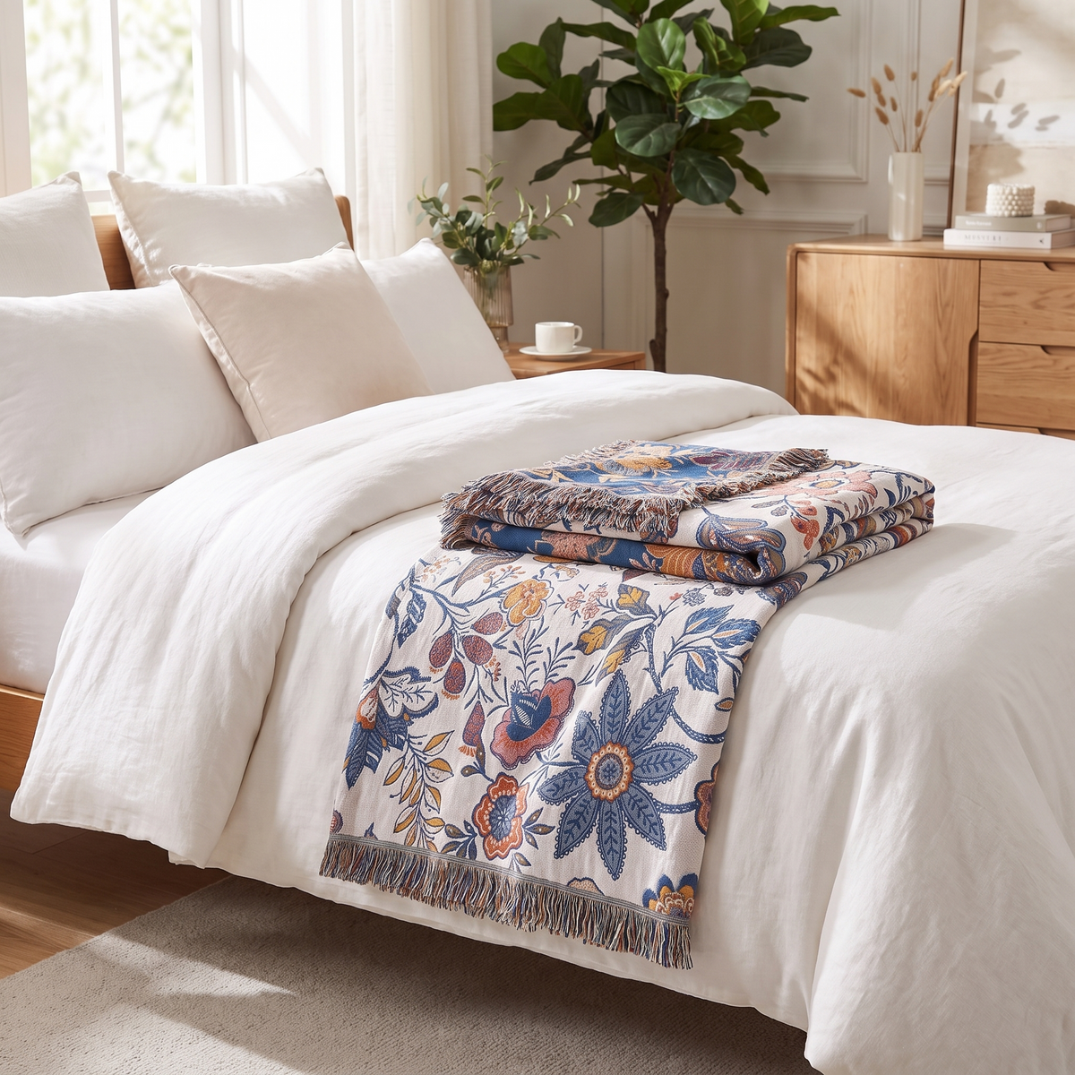 Artistic Floral Cotton Throw Blanket – Rustic – folded on a bed
