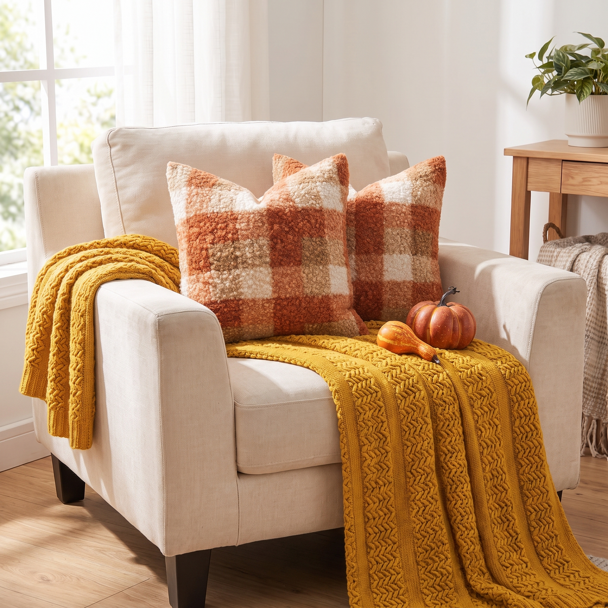Plaid Boucle Cushion Cover – Orange – styled on an armchair