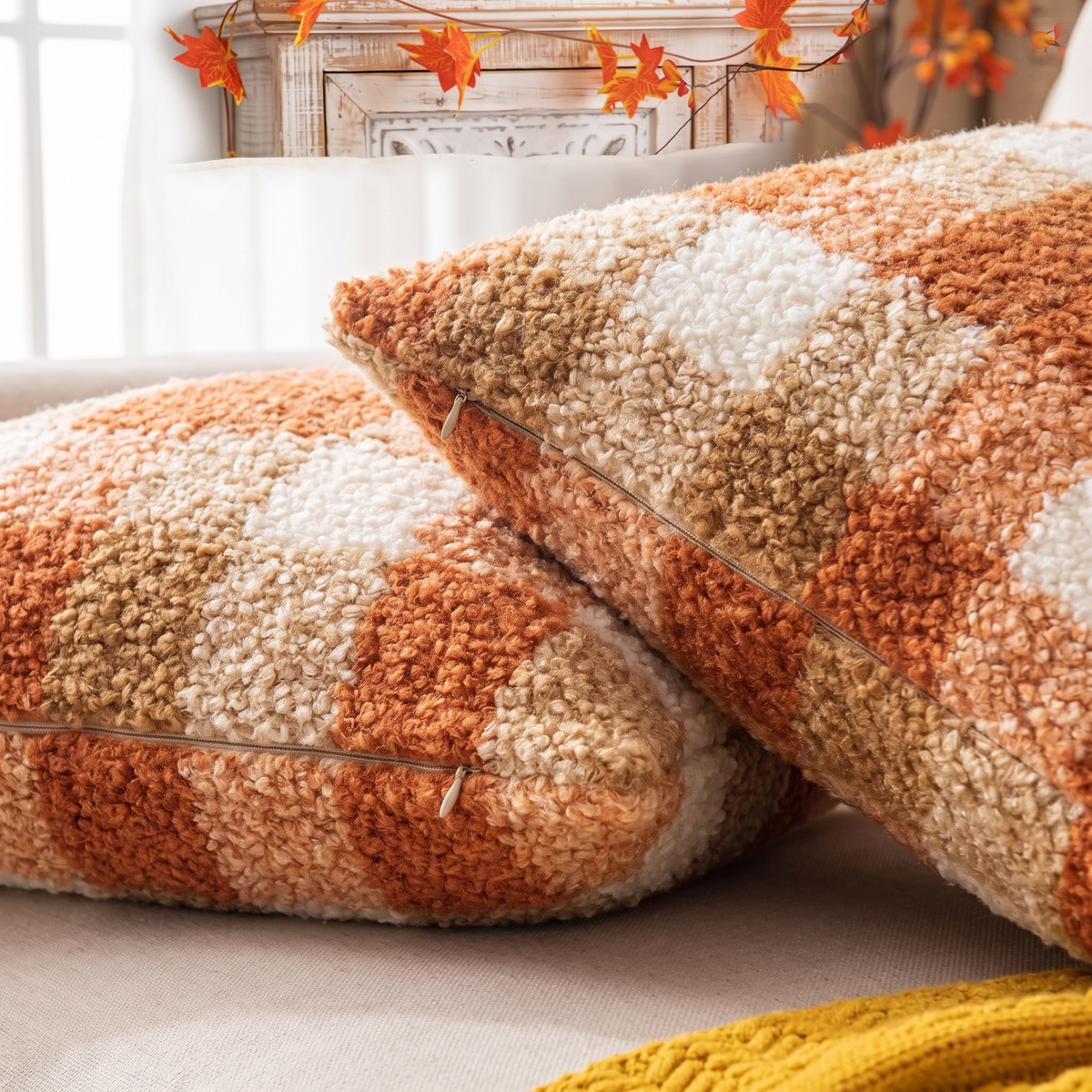 Plaid Boucle Cushion Cover – Orange – pattern and fabric close-up