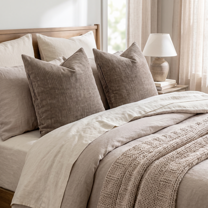 Textured Chenille Cushion Cover – Taupe Grey – styled on a bed