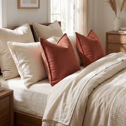 Textured Chenille Cushion Cover – Burnt Orange – styled on a bed