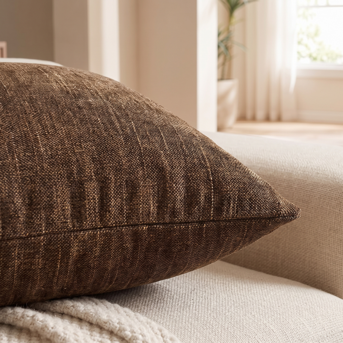 Solid Chenille Cushion Cover – Brown – fabric close-up