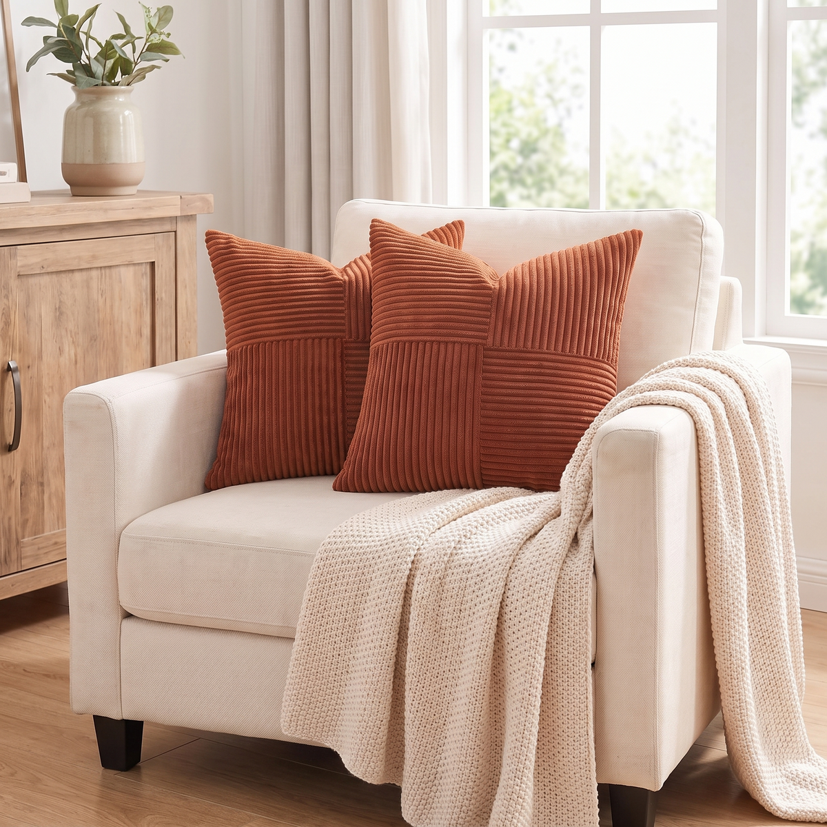 Modern Corduroy Cushion Cover – Rust Red – styled on an armchair