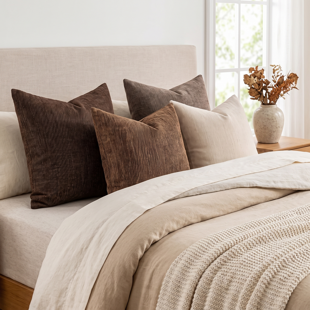 Neutral Textured Cushion Covers – Set of 4 – styled on a bed