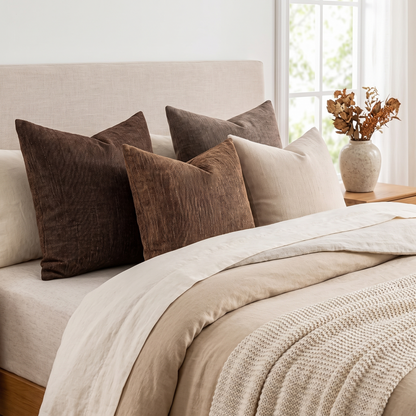 Neutral Textured Cushion Covers – Set of 4 – styled on a bed