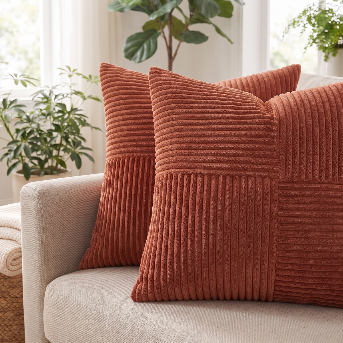 Modern Corduroy Cushion Cover – Rust Red – pattern and fabric close-up