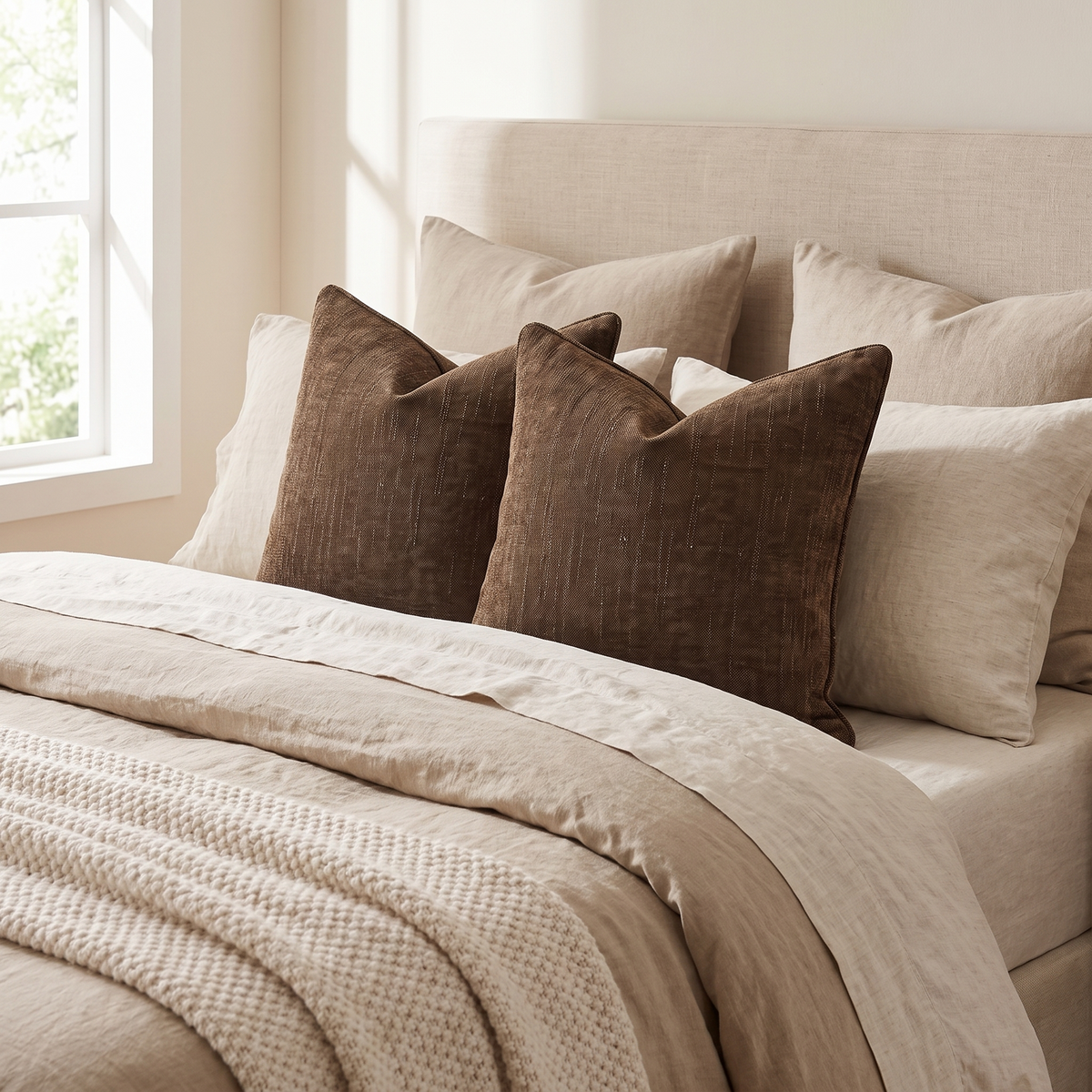 Solid Chenille Cushion Cover – Brown – styled on a bed