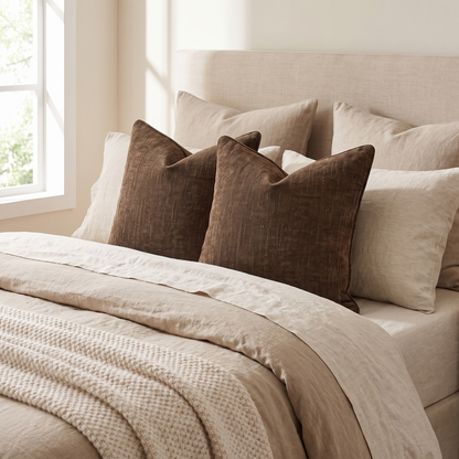Solid Chenille Cushion Cover – Brown – styled on a bed