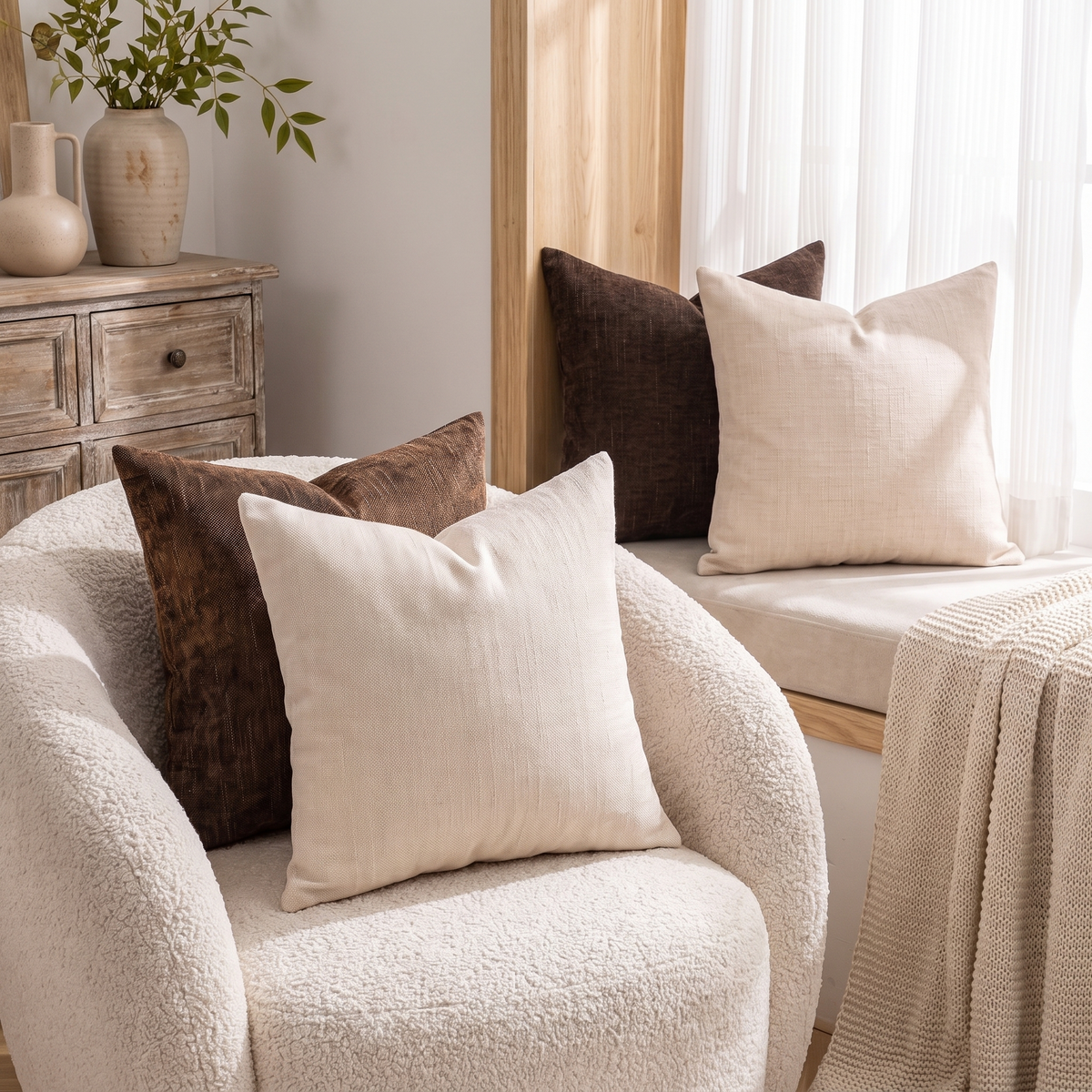 Neutral Textured Cushion Covers – Set of 4 – styled on an armchair