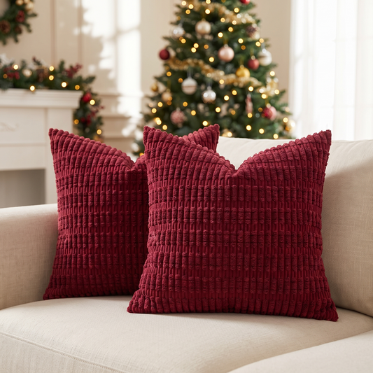 Plush Corduroy Christmas Cushion Cover – Burgundy – styled on a sofa