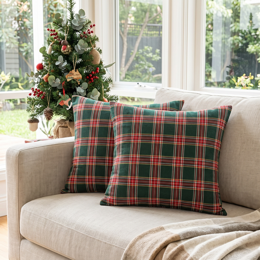 Christmas Plaid Cushion Cover – Green & Red – styled on a sofa