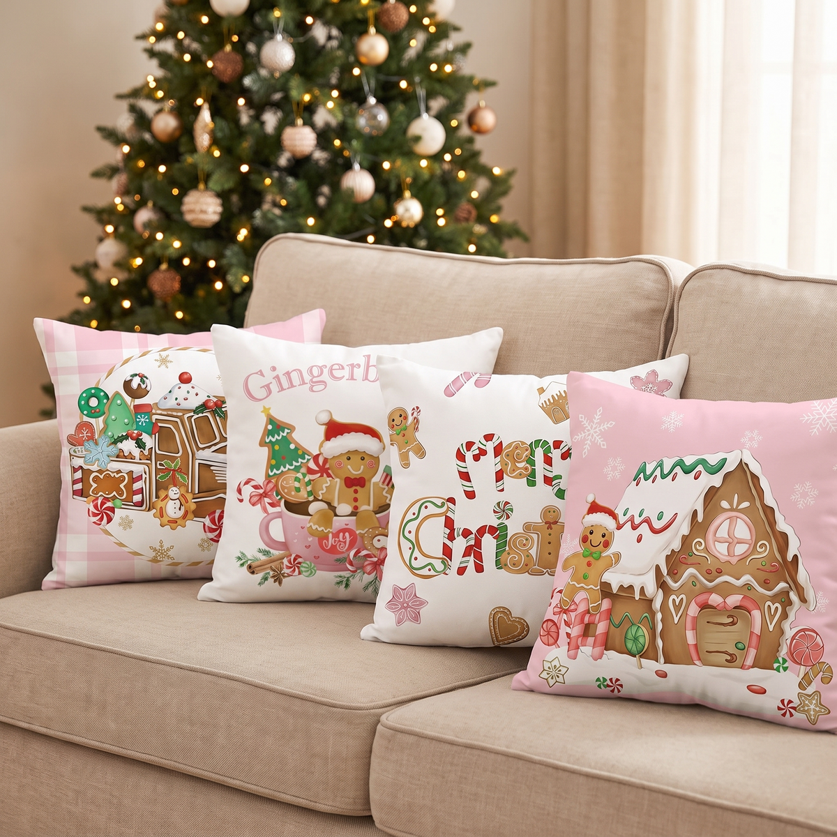 Pink Gingerbread Christmas Cushion Covers – Set of 4 – full set styled on a sofa