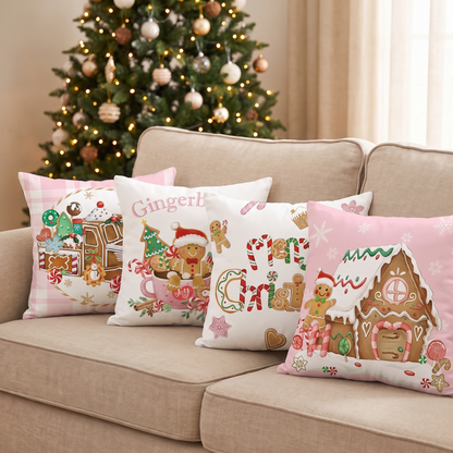 Pink Gingerbread Christmas Cushion Covers – Set of 4 – full set styled on a sofa