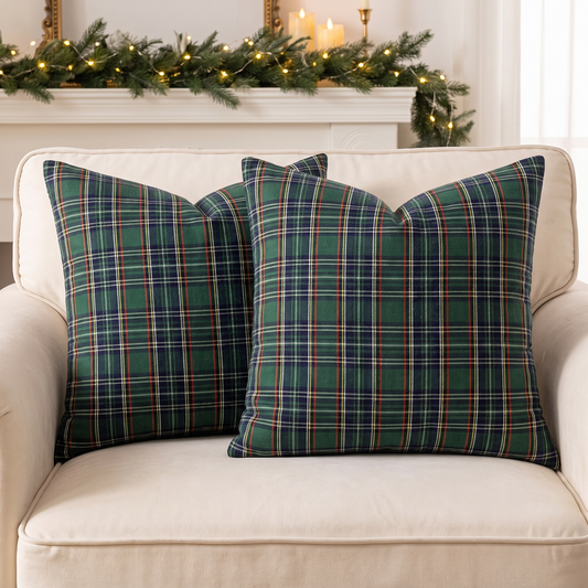 Scottish Tartan Christmas Cushion Cover – Green – styled on a sofa