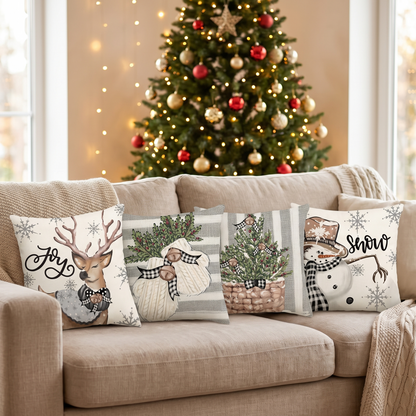 Snowman & Eucalyptus Christmas Cushion Covers – Set of 4 – full set styled on a sofa