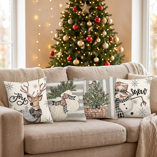 Snowman & Eucalyptus Christmas Cushion Covers – Set of 4 – full set styled on a sofa