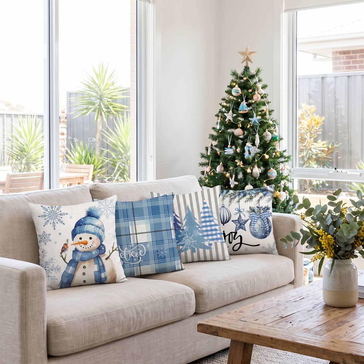 Blue Snowman Christmas Cushion Covers – Set of 4 – full set styled on a sofa