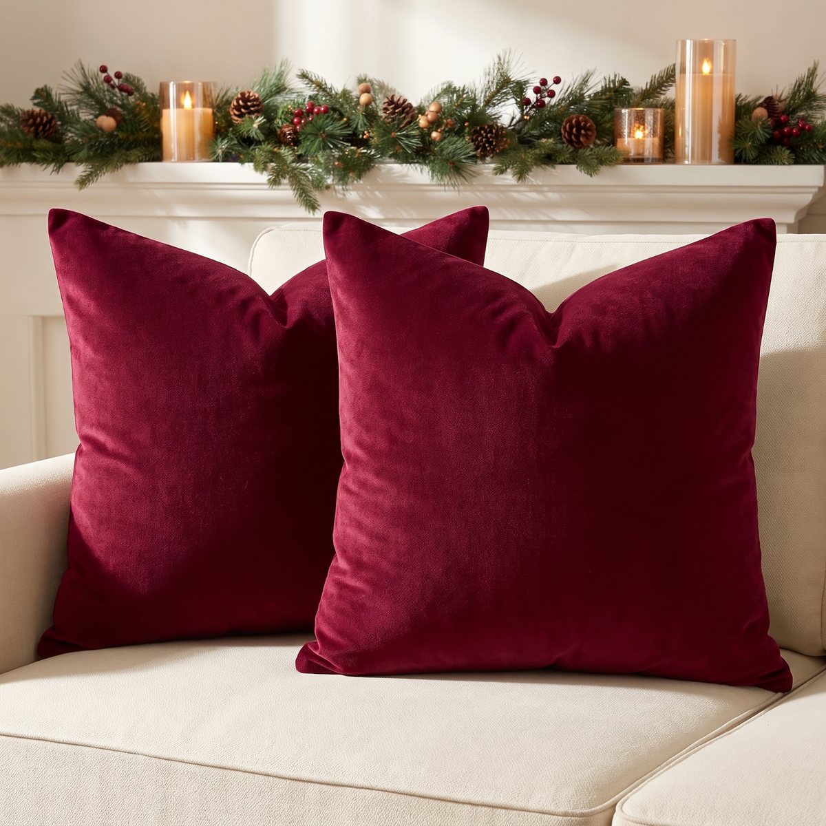 Luxe Velvet Christmas Cushion Cover – Wine Red – styled on a sofa
