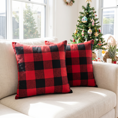 Buffalo Plaid Christmas Cushion Cover – Red & Black – styled on a sofa