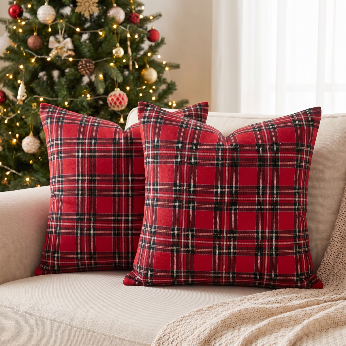 Tartan Plaid Christmas Cushion Cover – Red – styled on a sofa