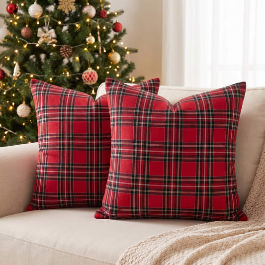 Tartan Plaid Christmas Cushion Cover – Red – styled on a sofa
