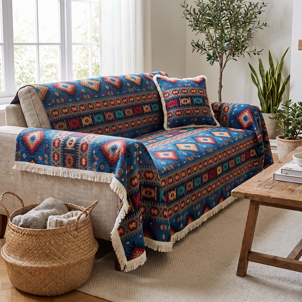 Nomad Boho Couch Cover – Tassel Trim – fitted on a sofa