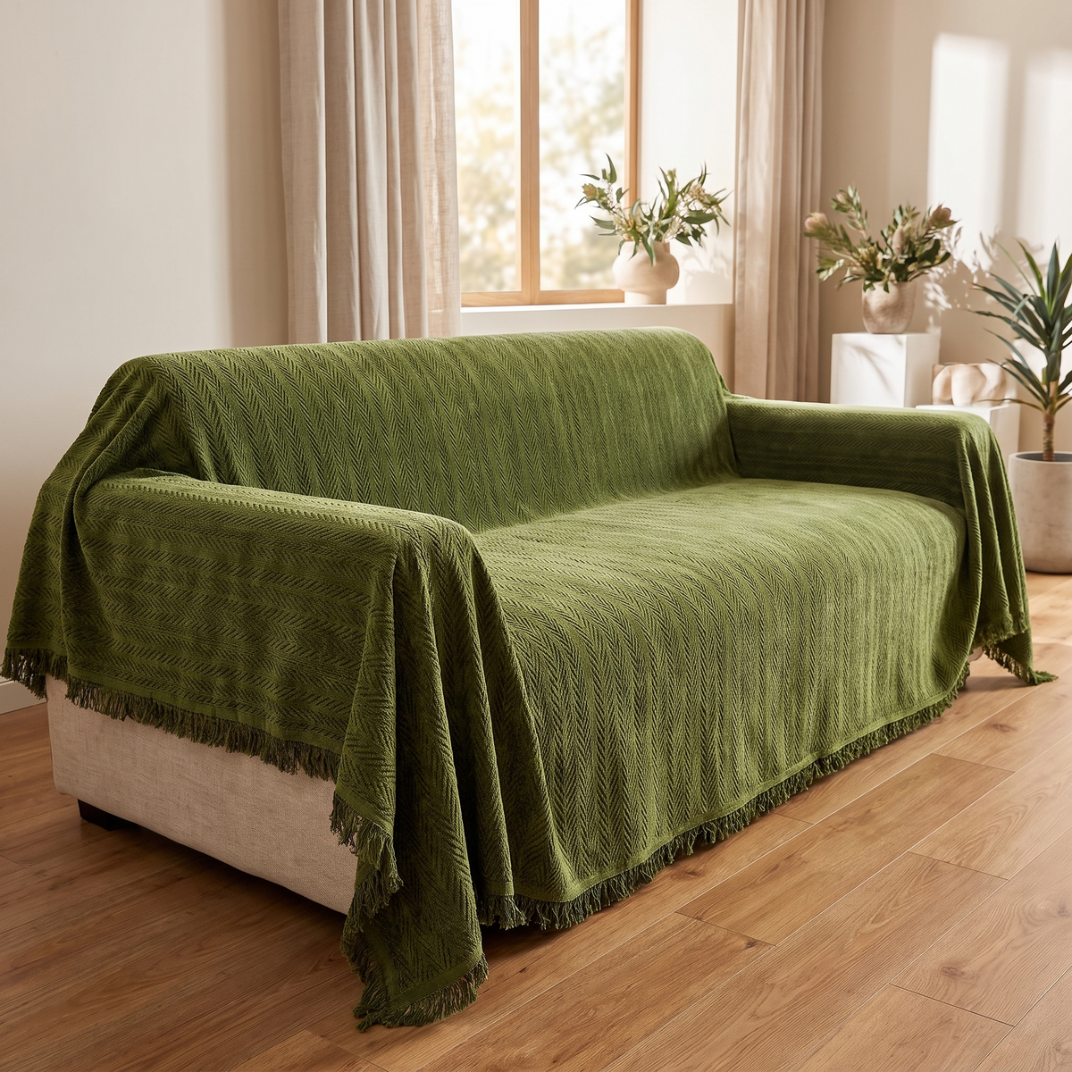 Herringbone Chenille Tassel Couch Cover – fitted on a sofa