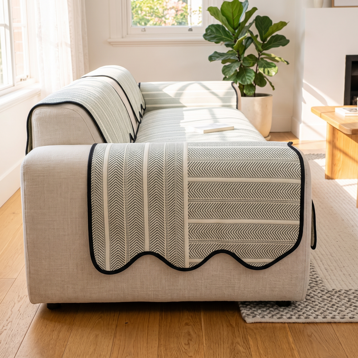 Herringbone Scallop Edge Couch Cover – fitted on a sofa
