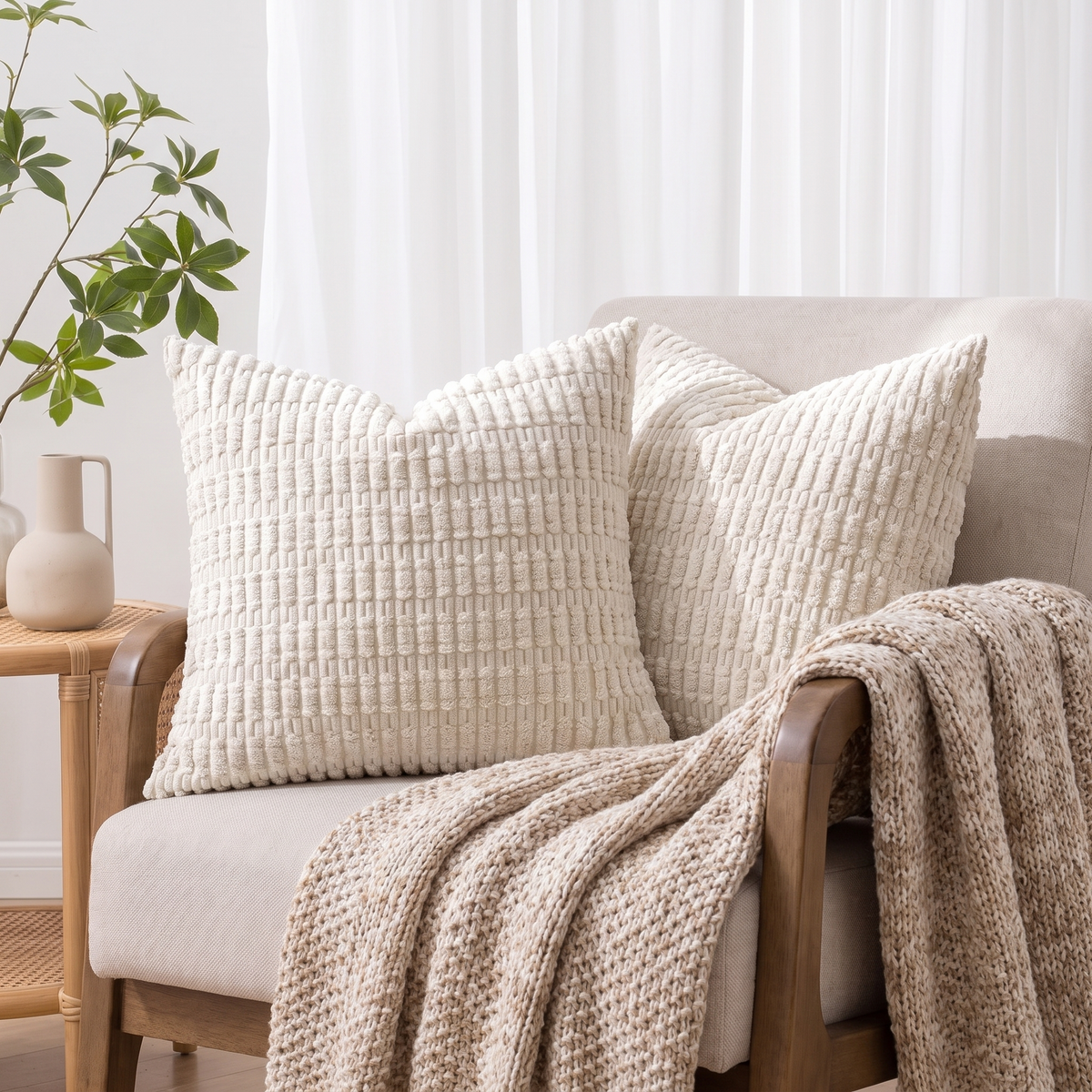 Striped Corduroy Cushion Cover – Cream White – styled on an armchair