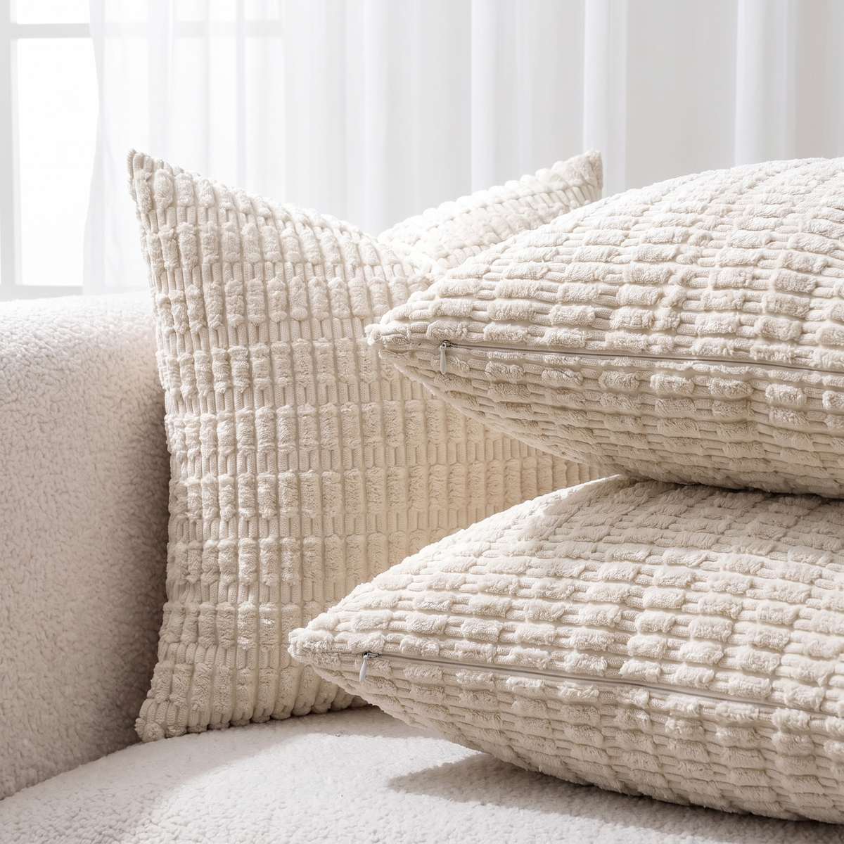 Striped Corduroy Cushion Cover – Cream White – pattern and fabric close-up