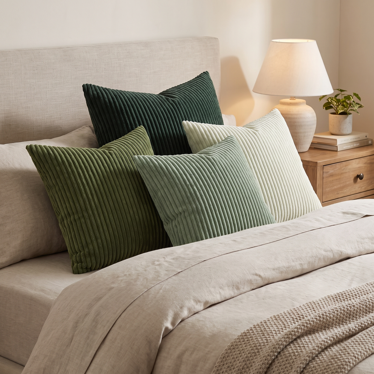 Forest Green Corduroy Cushion Covers – Set of 4 – styled on a bed