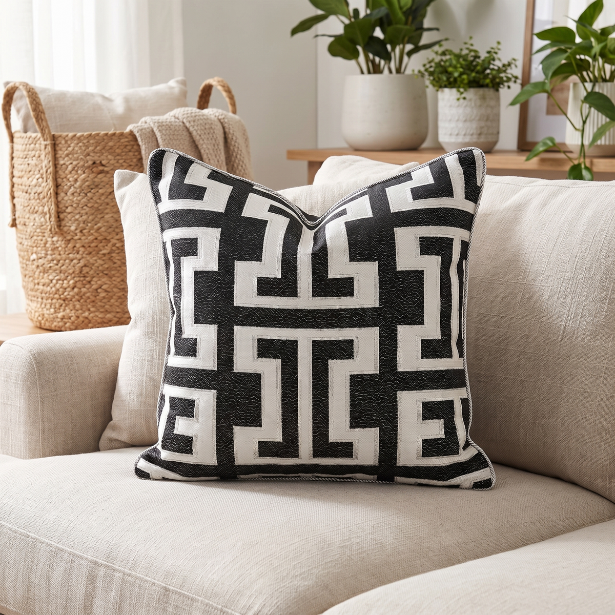 Geometric Jacquard Cushion Cover – styled on a sofa