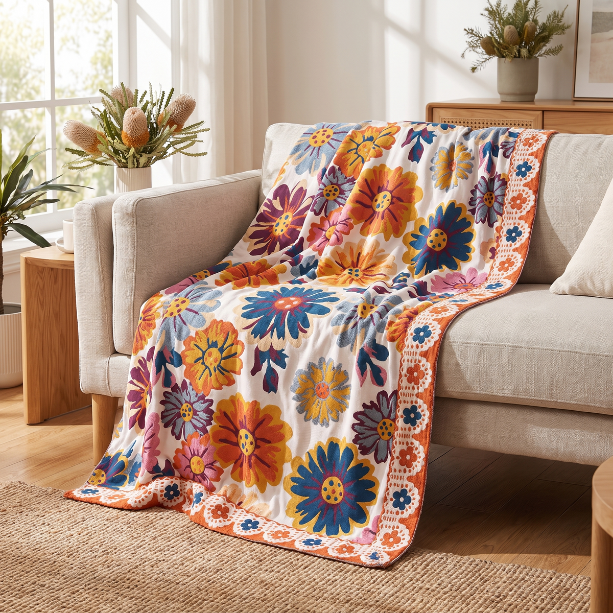 Bright Flower Cotton Throw Blanket – draped over a sofa