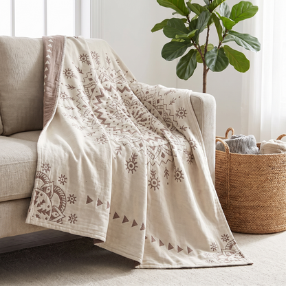 Mandala Reversible Cotton Throw Blanket – draped over a sofa