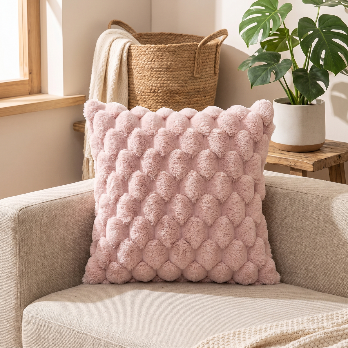 Plush Marshmallow Cushion Cover – Cream – styled on a sofa