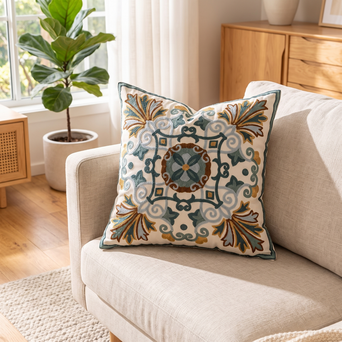 Embroidered Vintage Cushion Cover – styled on a sofa
