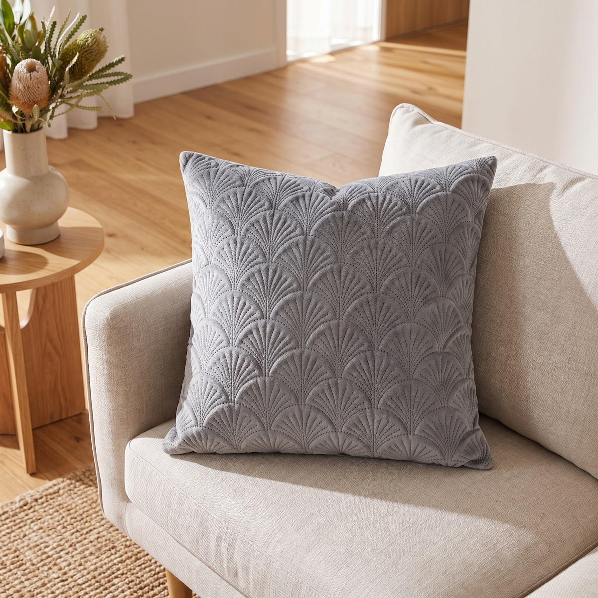 Velvet Shell Cushion Cover – Coastal – styled on a sofa