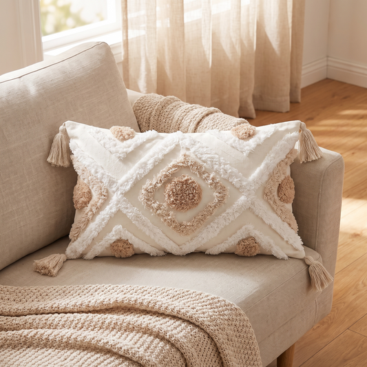 Tufted Boho Cushion Cover – Cream – styled on a sofa