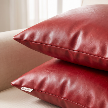 Faux Leather Christmas Cushion Cover – Red – pattern and fabric close-up