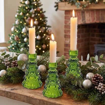 Christmas Tree Glass Candle Holders – styled on a mantelpiece