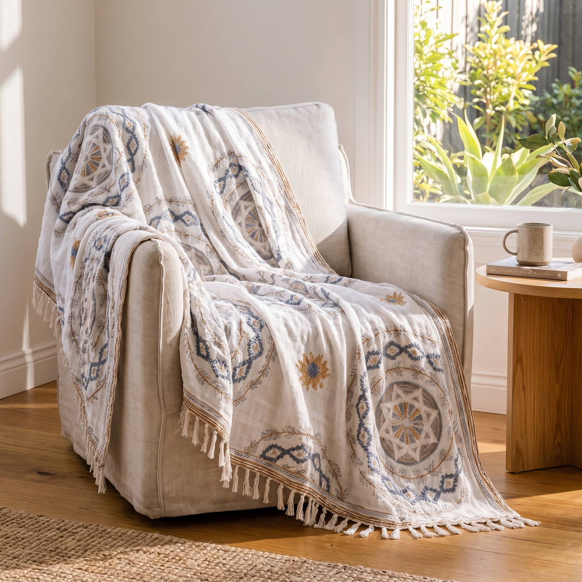 Serene Mandala Cotton Throw Blanket – draped over an armchair